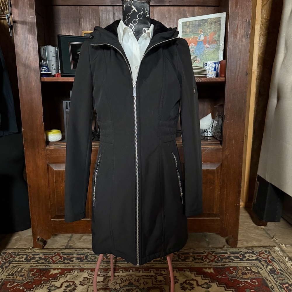 Michael Kors Softshell Parka Women Small Black Excellent Faux Fur Hooded Jacket